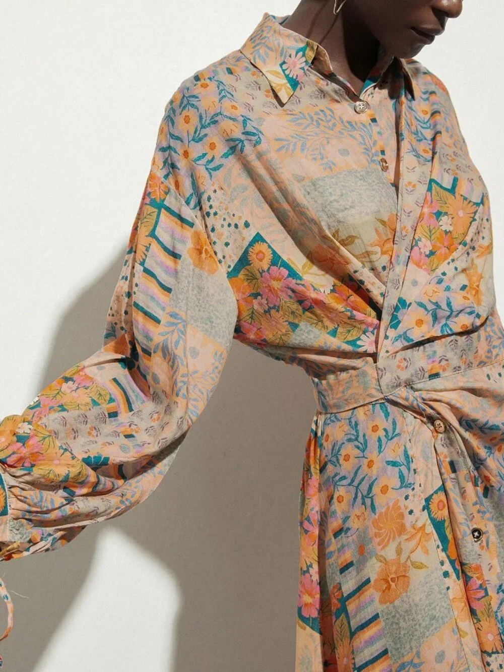Multicolor Boho Women's Oil Painting Style Print Wrap Front Tie Waist Dress